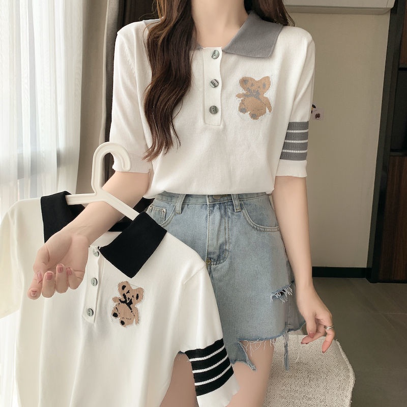Áo Thun polo Ngắn Tay Họa Tiết Kẻ Sọc Thời Trang Hàn Quốc