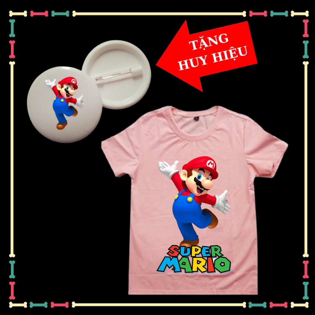 Áo thun Mario bé trai, bé gái, tay ngắn đủ màu sắc, huy hiệu Mario trẻ em