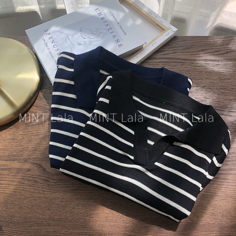 Áo Len Tay Ngắn Polo Cổ V Họa Tiết Kẻ Sọc Ngang Loại Đẹp | BigBuy360 - bigbuy360.vn