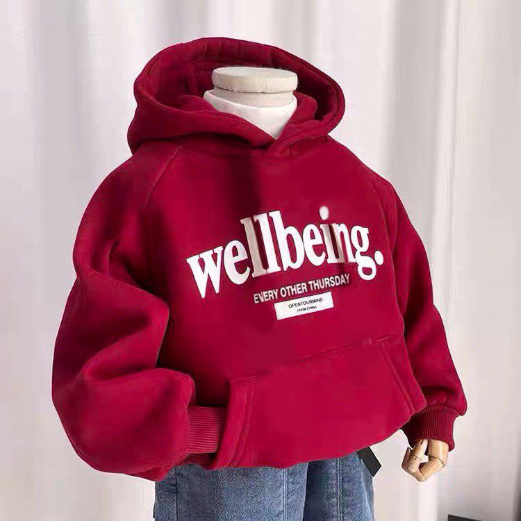 Áo hoodie nỉ bé trai Con Xinh phom rộng in chữ Wellbeing, thời trang thu đông dành cho bé từ 4 đến 10 tuổi