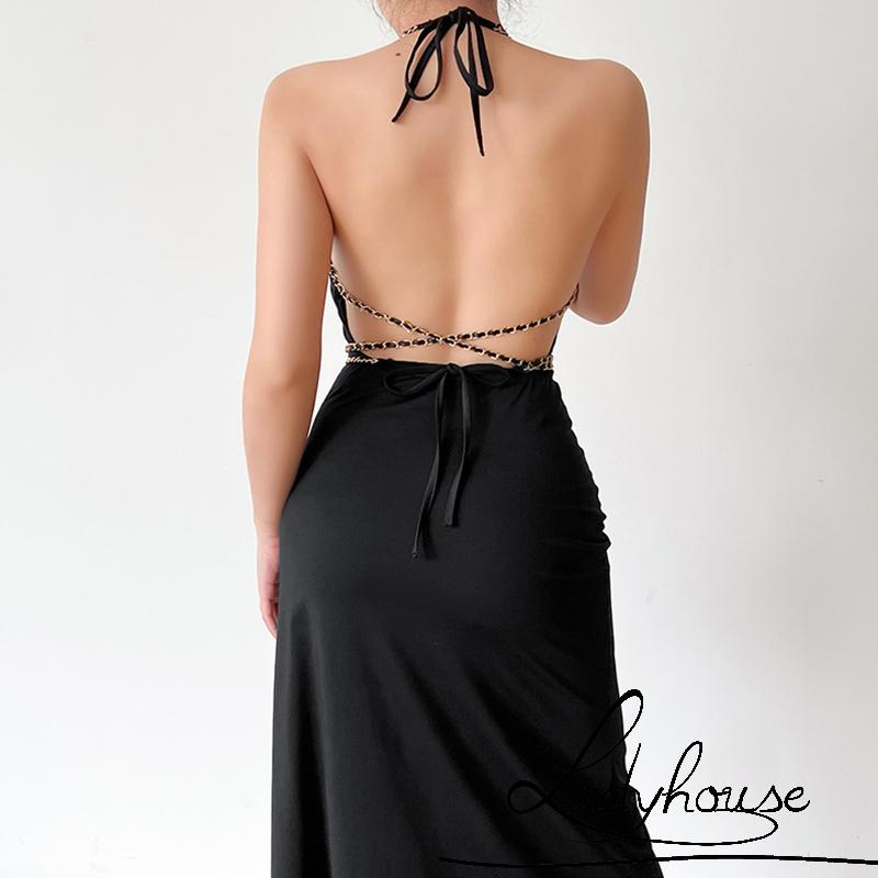 Đầm Dài Hai Dây Hở Lưng Xẻ Tà Cột Dây Chéo Thời Trang Cho Nữ