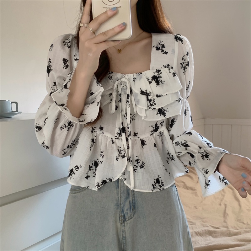 ZHELIHANGFEI Áo Kiểu Tay Phồng Cổ Vuông Phối Bèo Phong Cách Pháp