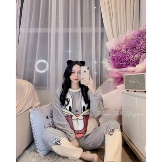 Bộ đồ ngủ nữ tay dài lót lông cừu 2 mặt siêu ấm