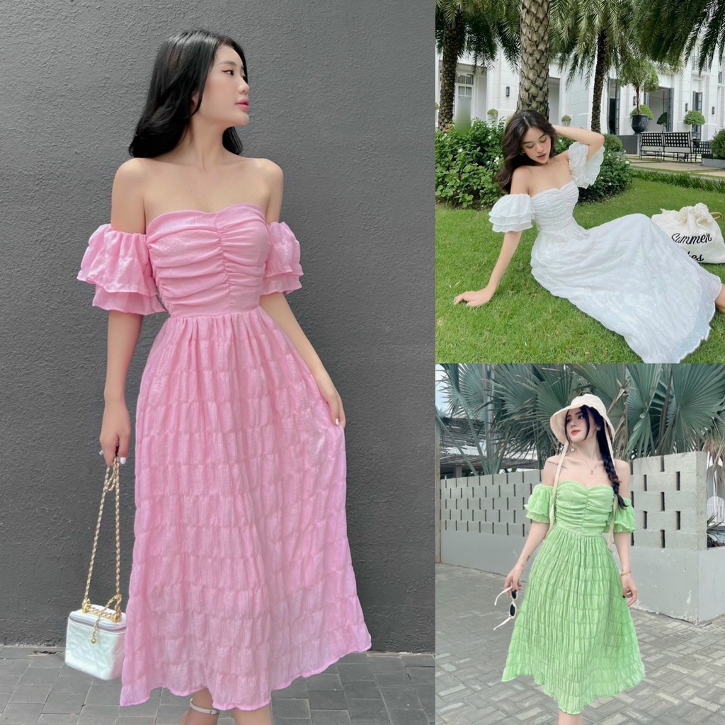 Đầm maxi nữ trễ vai xếp tầng vải nhún xinh xắn với các màu tôn da, hot trend dành cho các tình yêu đi chơi, đi biển
