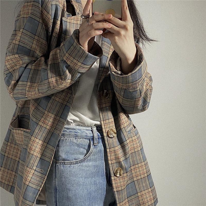 Áo Khoác Vest Kẻ Sọc Ca Rô Dáng Rộng Phong Cách retro Hàn Quốc 2022