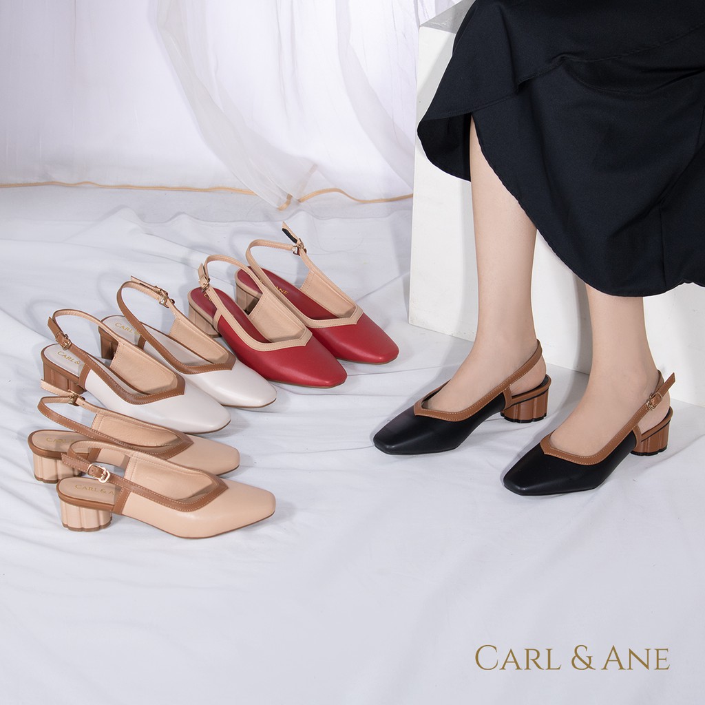 Carl & Ane - Giày cao gót mũi vuông hở gót phối dây cao 3cm màu đỏ _ CL005