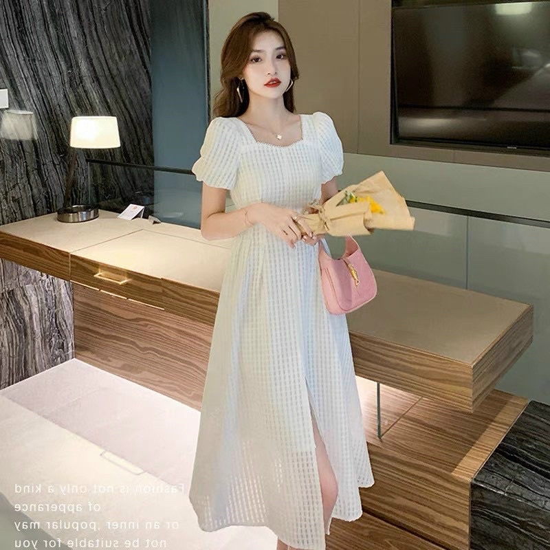 ĐẦM TRẮNG Ô NHÍ TAY BO CỔ VIỀN HẠT XẺ TÀ