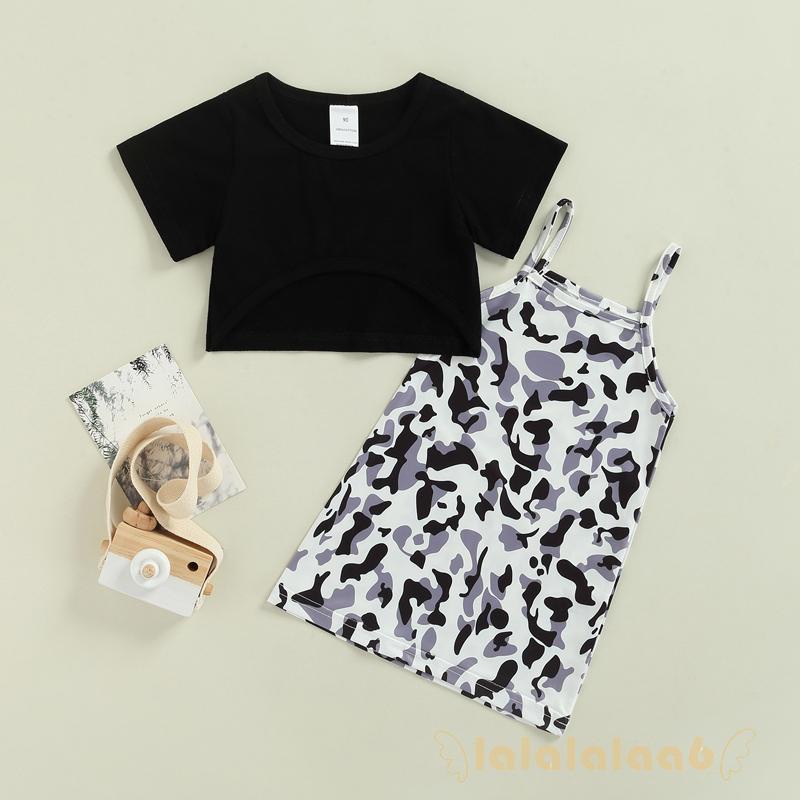 Set Áo Croptop Tay Ngắn + Chân Váy Hoạ Tiết Lính Thời Trang Mùa Hè Cho Bé Gái