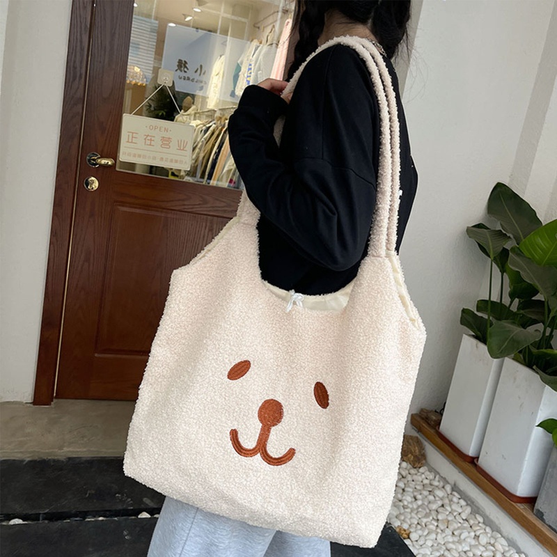 Túi Tote Đeo Vai / Xách Tay Bằng Vải Bông Thêu Hình Gấu Hoạt Hình Sức Chứa Lớn Cho Nữ