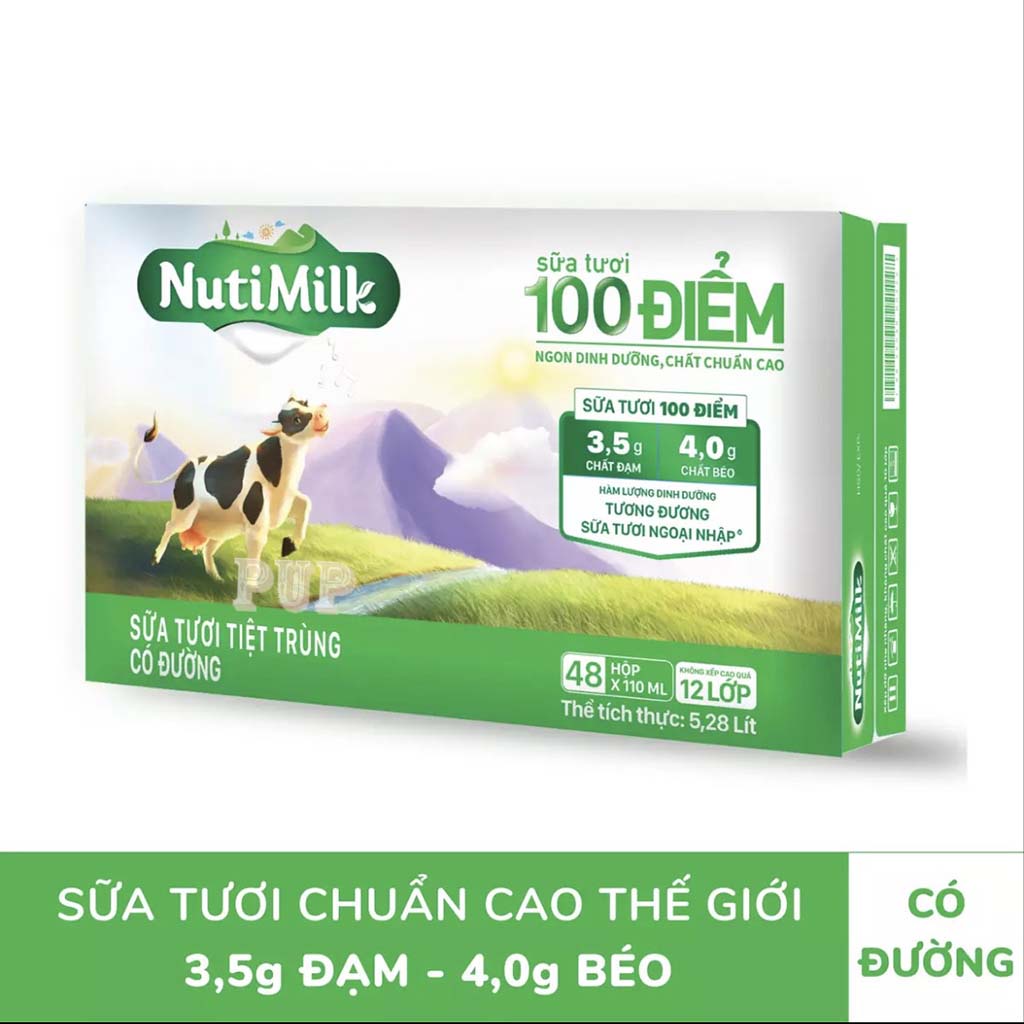 Thùng 12 Hộp Sữa Tươi Tiệt Trùng 100 Điểm Có Đường Nutimilk 110ml