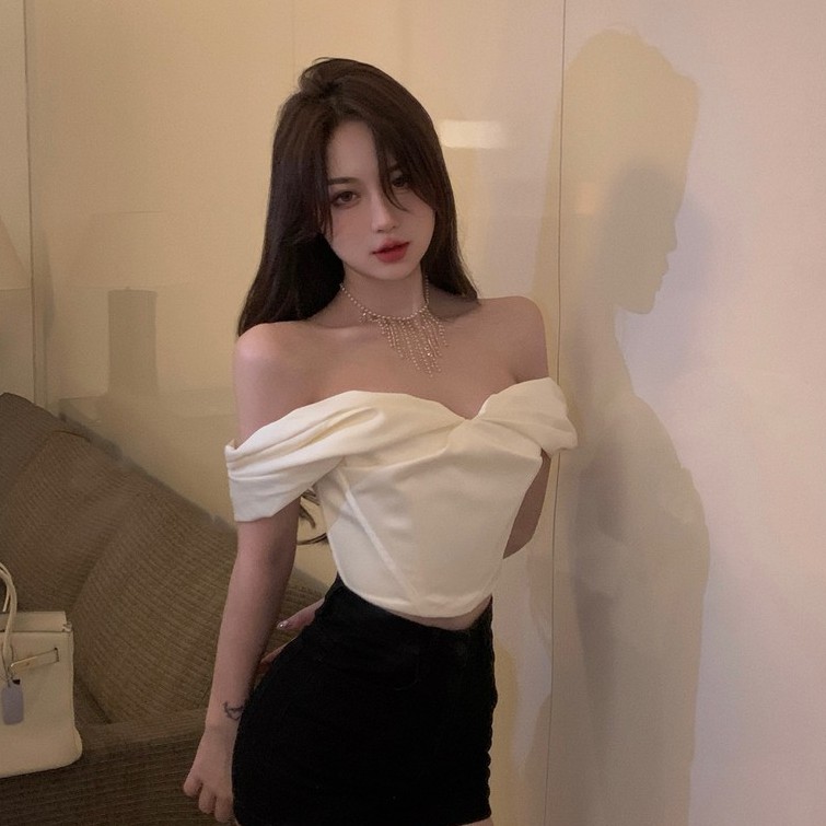 Cocory vn Thời Trang Áo Croptop Tay Ngắn Trễ Vai Chất Liệu Satin Quyến Rũ Cho Nữ