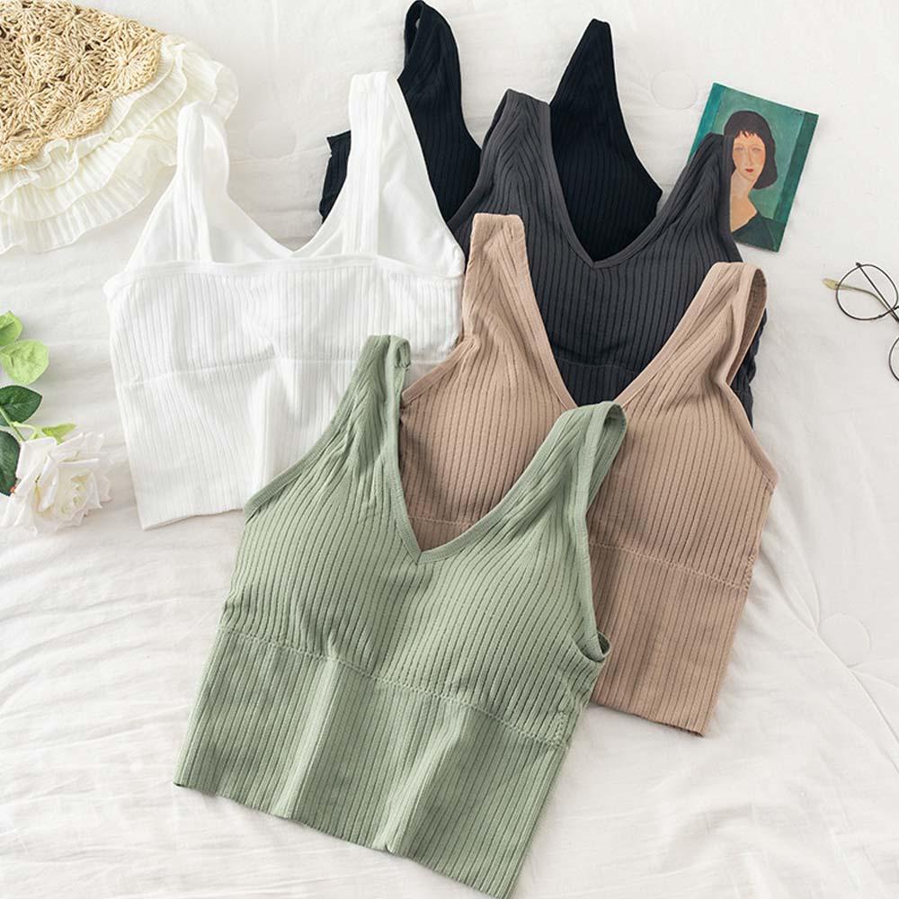 Áo Ngực Thể Thao Dệt Kim Cổ Chữ V Có Mút Đệm Thoáng Khí Thời Trang Cho Nữ