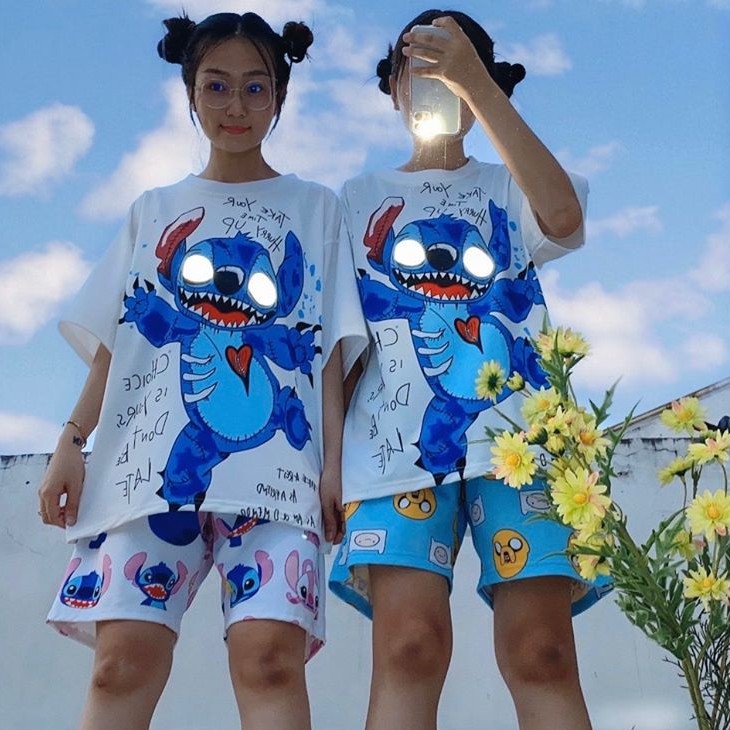 Áo Thun Tay Lỡ In Hình Phản Quang Stitch 3D Con Xanh Dáng Rộng Oversize Ulzzang Unisex - MM