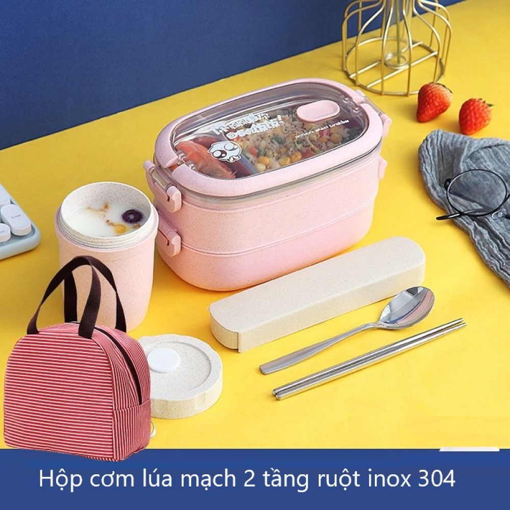 Hộp Cơm Inox 2 Tầng Được Làm Từ Lúa Mạch, Hộp Đựng Cơm Giữ Nhiệt Dung Tích 1550ML.