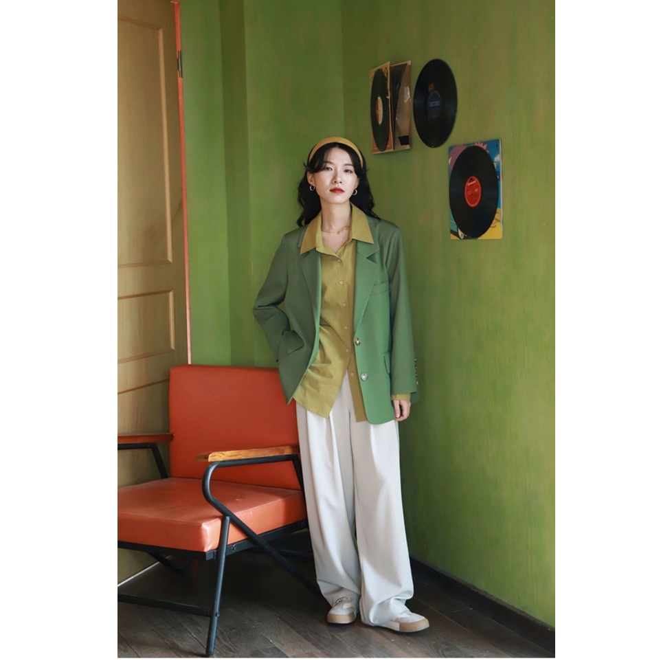 Áo Khoác blazer Tay Dài Dáng Rộng Màu Xanh Lá Thời Trang Xuân Thu
