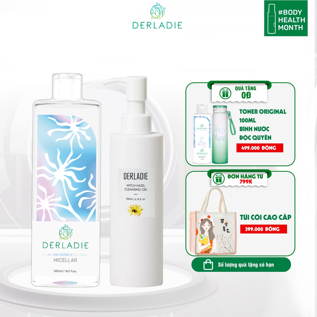 Bộ Đôi Làm Sạch Da Ngừa Mụn Tẩy Trang, Sữa Rửa Mặt Derladie Witch Hazel Cleansing Gel