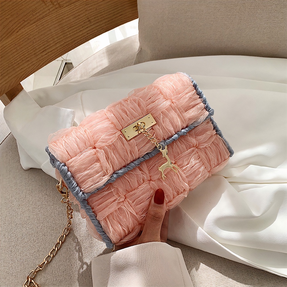 Túi len tự đan ruy băng phối viền, túi đeo chéo phong cách Hàn Quốc - Bộ phụ kiện đầy đủ LX302