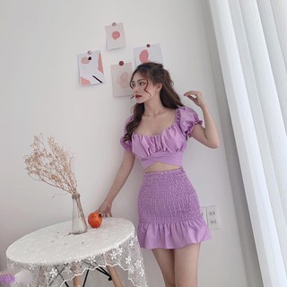 SET Váy Áo Croptop Cột Nơ Chân Váy Nhún Siêu Dễ Thương - Korean Impress Shop