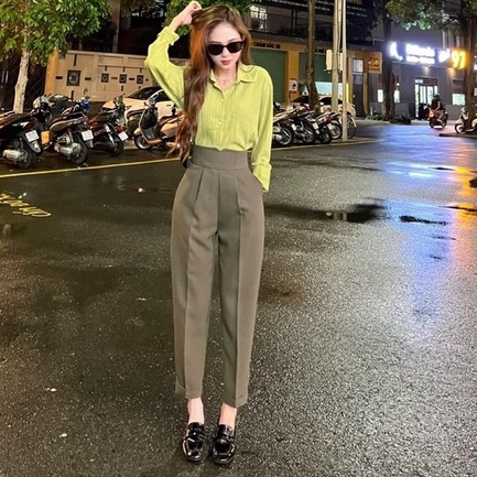 Quần tây đen nữ lưng cao cạp V dáng dài baggy khóa sau ống đứng mẫu mới hot Quần tây nữ đi học tuyết mưa vải màu đen mềm