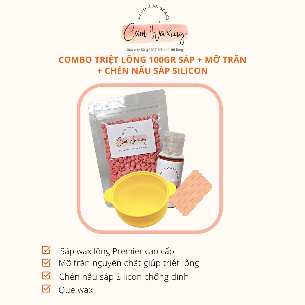 Combo Triệt Lông Vĩnh Viên Sáp Wax Lông Nóng Hard Wax Beans Và Chén Nấu Sáp Silicon Kèm Mỡ Trăn