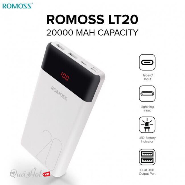 pin dự phòng romoss 20.000mah có led chính hãng