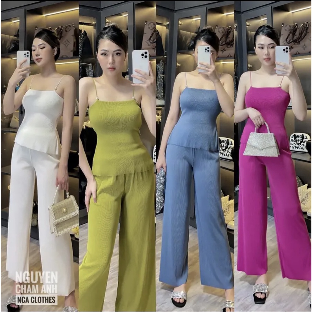 Set áo 2 dây nút ngọc mix quần dập ly ống suông