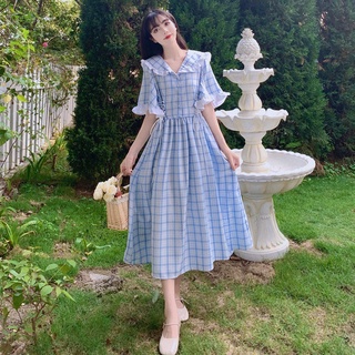 Ruffle Dress Short Sleeve Casual Plaid Skirt Summer Flared Sleeve French Dress Cute Loose Long Skirt