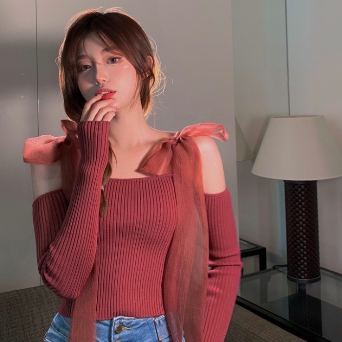 Áo Len Dệt Kim Gợi Cảm Mới Mùa Thu Của Phụ Nữ Áo Sơ Mi Đáy Thời Trang Phong Cách Hàn Quốc