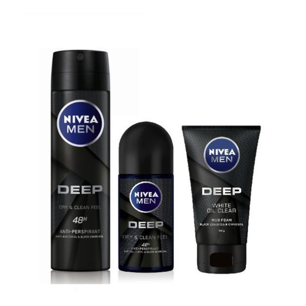 Bộ 3 NIVEA MEN Deep than đen hoạt tính (Xịt khử mùi 150ml + Lăn khử mùi 50ml + Sữa rửa mặt 100g)