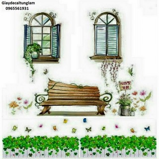 Decal Dán Tường Combo Cửa Sổ Hoa Và Chân Tường Cỏ Trái Tim