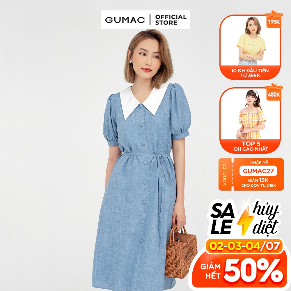 [Mã WABRGU72 giảm 10% tối đa 50k đơn 250k] Đầm xòe nữ nẹp nút phối cổ GUMAC màu xanh tay ngắn DB574