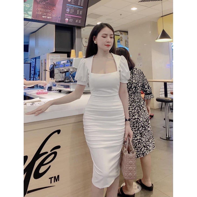 Đầm body umi cổ vuông tay bồng dáng dài 2 màu siêu xinh, Váy ôm nữ dự tiệc tay ngắn phồng đẹp | BigBuy360 - bigbuy360.vn