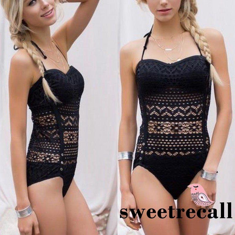 Đồ bơi một mảnh 2 dây trang trí ren xuyên thấu màu đen gợi cảm cho nữ | BigBuy360 - bigbuy360.vn