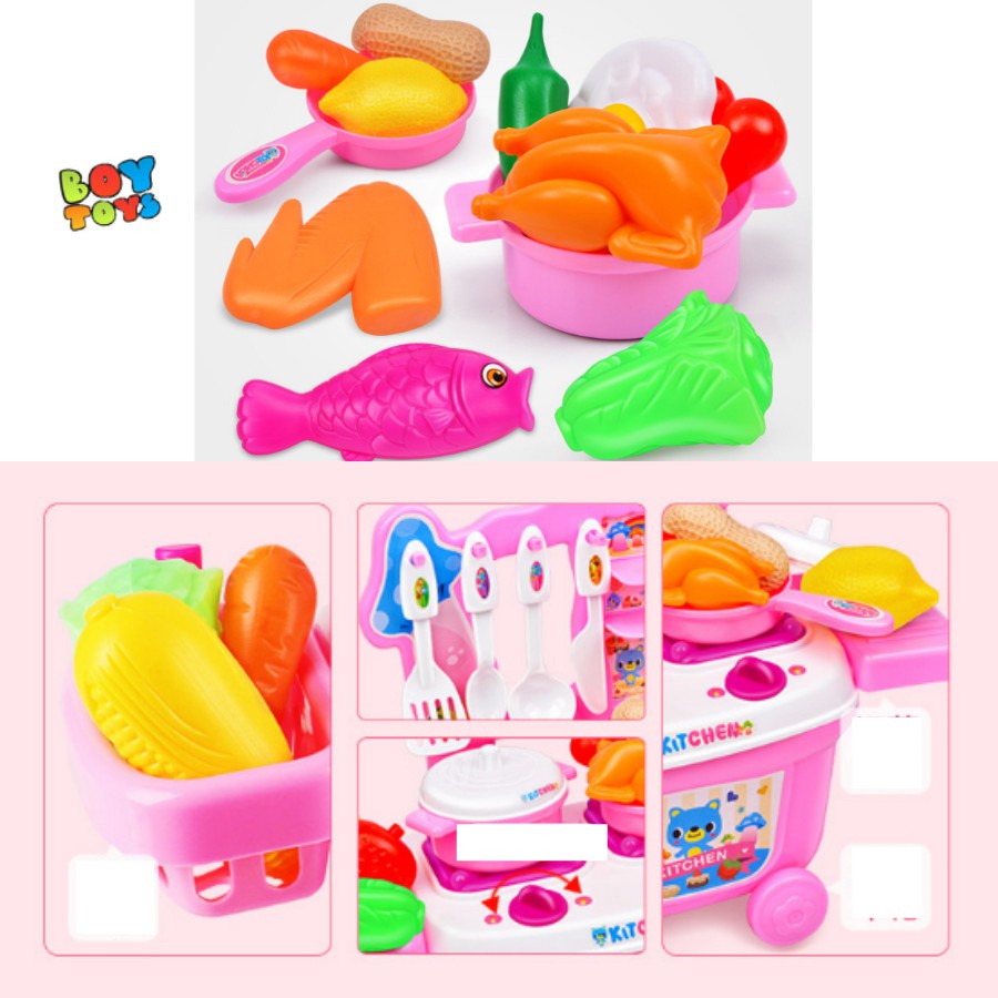Bộ đồ chơi nhà bếp 2 trong 1 nấu ăn hồng kèm xe đẩy siêu thị, đồ chơi nhập vai đầu bếp cho bé thỏa sức vui chơi
