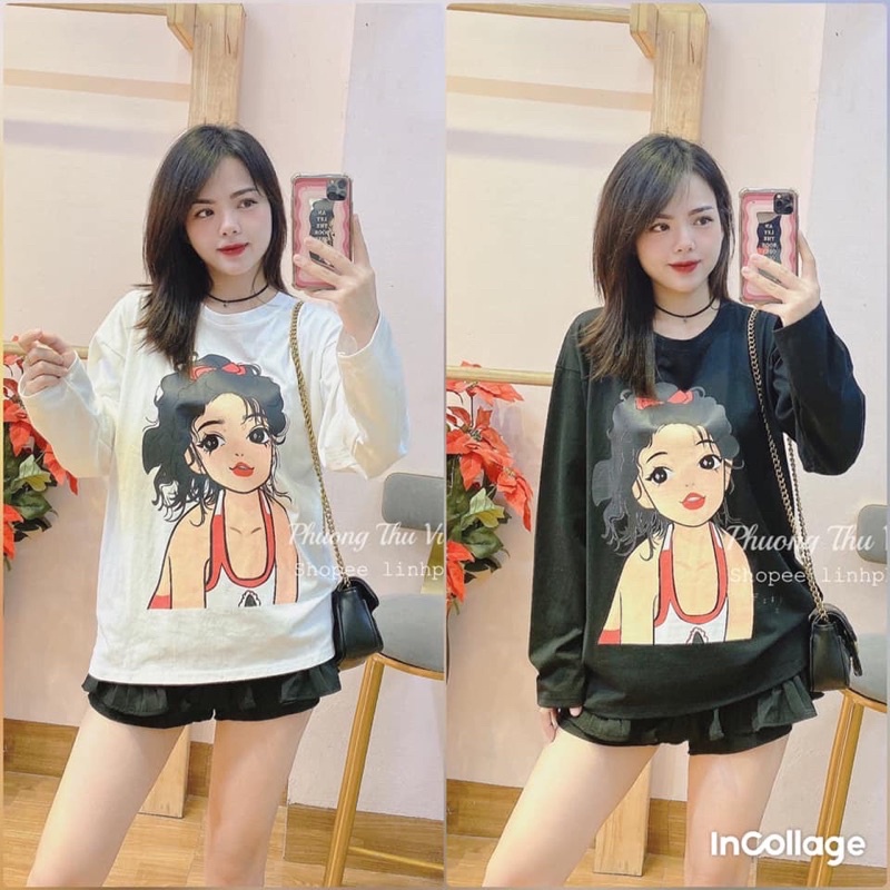 Áo Pull Dài Tay Hình Cô Gái,Áo Thun Dài Tay form rộng hình cô gái siêu hot hit