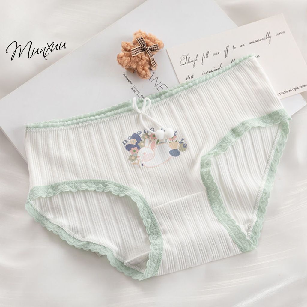 Quần lót nữ MUNXUU vải cotton co dãn mềm mịn, họa tiết thỏ dễ thương phối viền ren ngọt ngào nữ tính - QC119