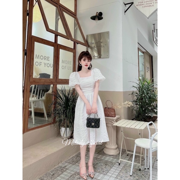 Váy Khoét Lưng Thắt Nơ Cổ, Đầm Tay Phồng Dáng Xòe Thiết Kế 2 Lớp Có 3 Màu Trắng, Hồng, Xanh Cốm