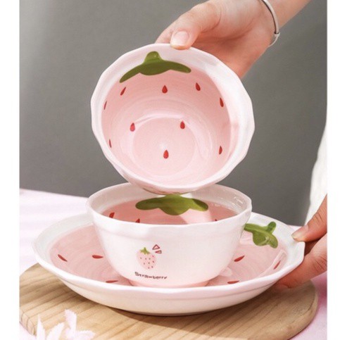 Bát Ăn Cơm 🥣 Bộ Bát Đĩa Sứ Dâu Hồng 🥣 Decor Chén Dĩa Dễ Thương Cute Cao Cấp B97