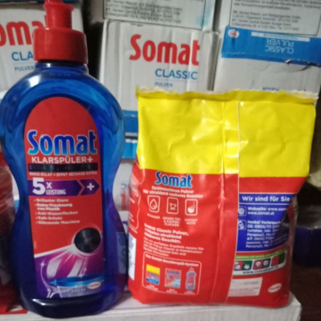 combo Bột rửa bát và nước làm bóng bát đĩa somat  túi 1,2kg ( Nước làm bóng chai 500ml )tf finish , alio