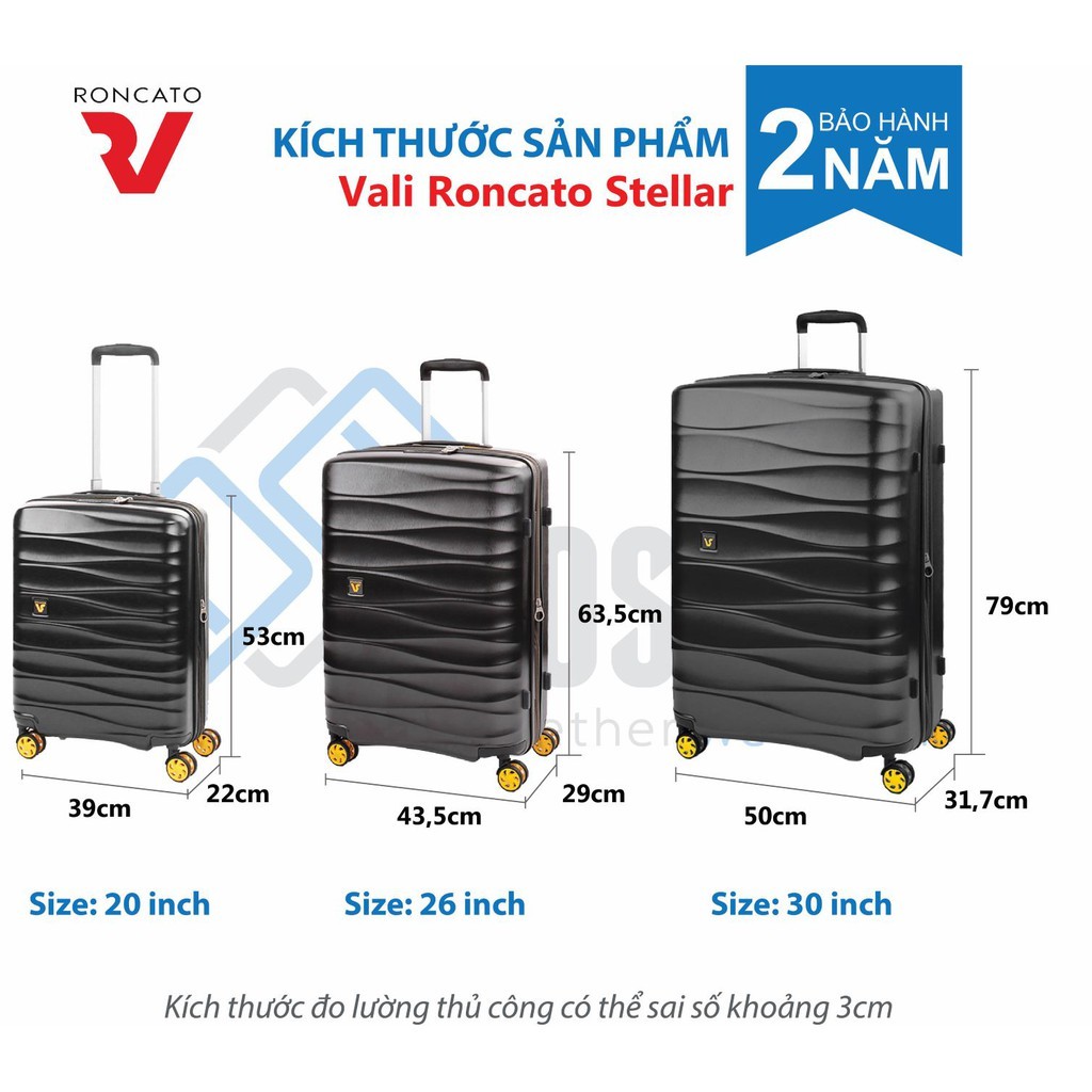 Vali du lịch Roncato Stellar size L (28-30 inch), nhựa ABS dẻo chống va đập, khóa mã số TSA, bánh xe kép xoay 360 độ