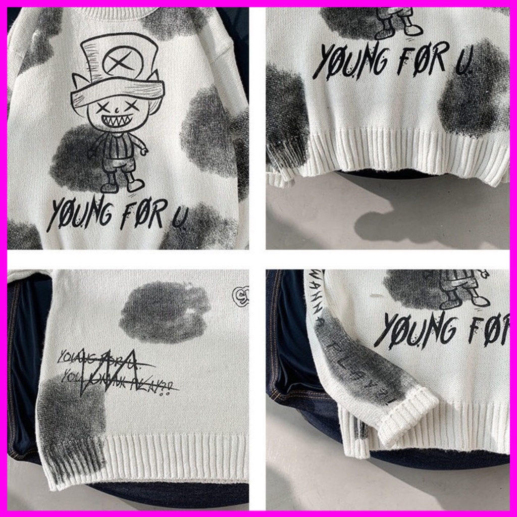 Áo len nam họa in tiết hình băng đảng mũ rơm độc đáo và thanh lích