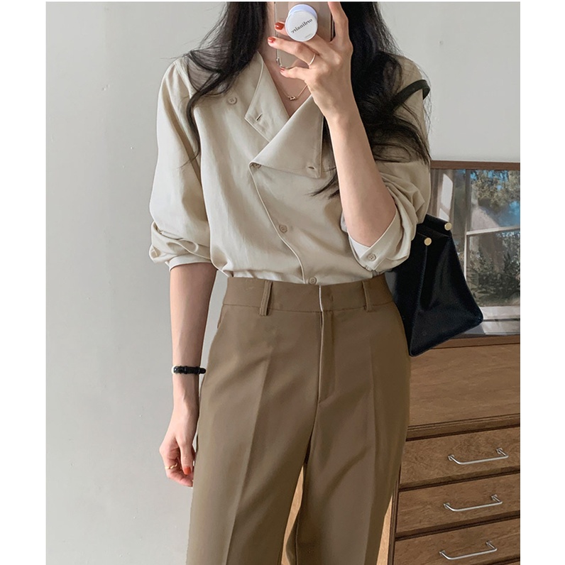 Áo Sơ Mi Dài Tay Hai Màu Phong Cách Pháp Đơn Giản Hàng Mới