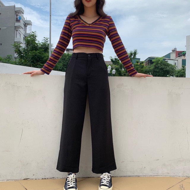 Quần ống suông culottes cài nút đen (Hàng có sẵn).