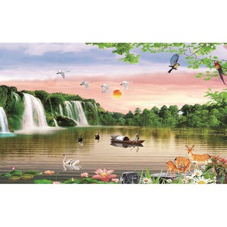 Tranh đính đá 5d toàn bộ tự làm, tranh treo tường phong cảnh non nước hữu tình