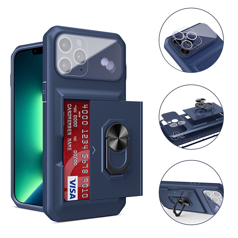 iPhone 13 Pro Max Case Card Holder Camera Protector Hard Case For iPhone 13 13 Pro iPhone 12 12 Pro Max iPhone 11 Pro Max iPhone 7 Plus 8 Plus Car Magnetic Finger Ring Holder Shockproof Phone Cover