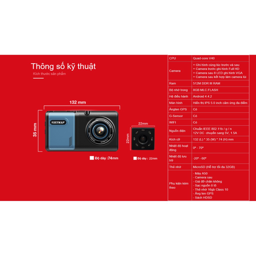 Camera hành trình VietMap A50 + Thẻ nhớ 64Gb (Hỗ trợ lắp đặt nội thành Hcm)