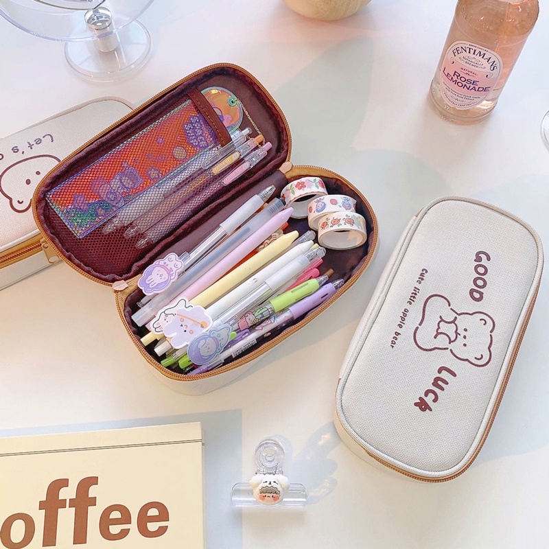 Ông Giấy 4 kiểu Canvas Hộp đựng bút chì Phim hoạt hình Gấu dễ thương Cô gái Trái tim Túi văn phòng phẩm INS Phong cách Học sinh Đồ dùng học tập Văn phòng phẩm Túi bút chì