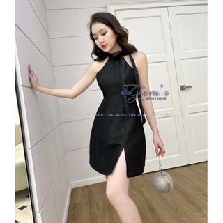 Váy đầm cổ yếm thắt nơ dài xẻ đùi quyến rũ