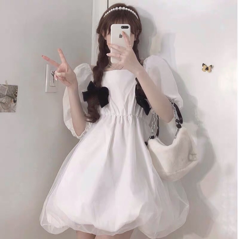 Đầm babydoll tay phồng phối voan - 20mii_mii