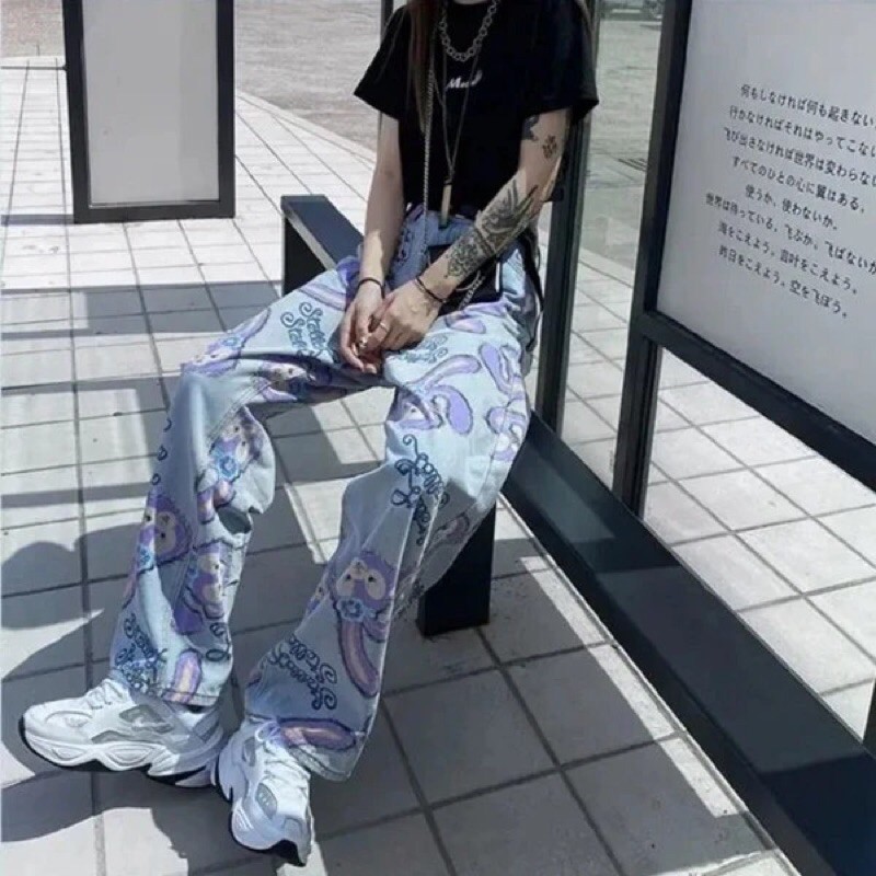 QUẦN JEANS LƯNG CAO ỐNG SUÔNG IN HOẠT HÌNH MẶT CON THỎ DỄ THƯƠNG NĂNG ĐỘNG